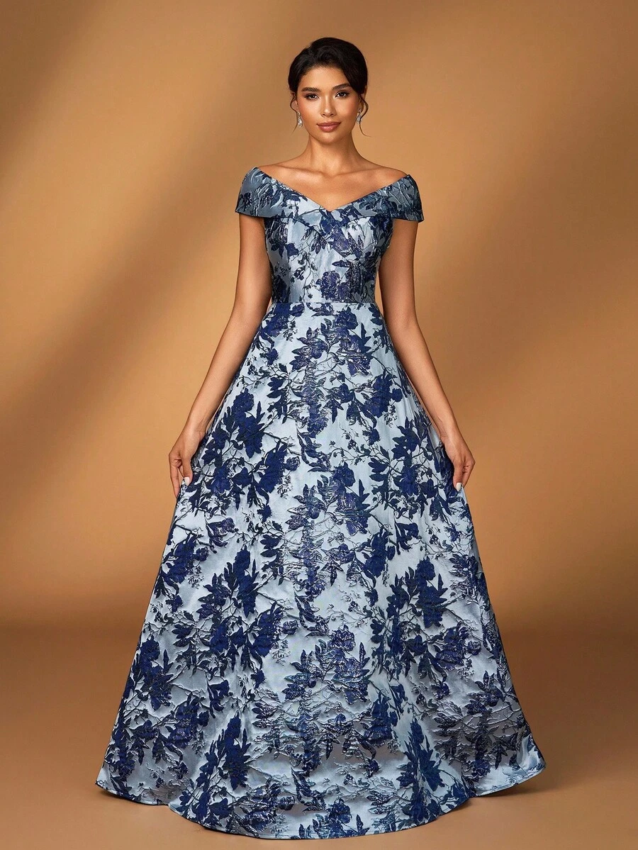 Serin Váy maxi satin jacquard trễ vai sang trọng thanh lịch, phù hợp cho đám cưới, tiệc tùng, kỳ nghỉ, dạ hội, dạ hội, mẹ cô dâu - Màu xanh lam - Xem 1