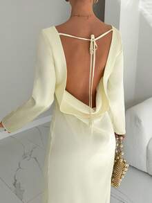 Siren Gaze Yellow Backless, Tie-Waist, Long Satin Glossy Elegant Party Dress, Women's Extra-Long Acetate Single-Sided Linen Texture Dress. Winter New Year - Yellow - View 2