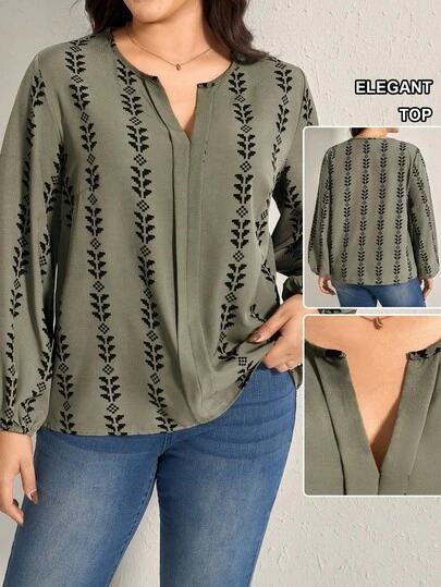 Comfylo 大码通勤 V 领长袖花卉印花宽松休闲衬衫秋季衬衫女式上衣商务休闲女式工作衬衫商务衬衫圣诞女式上衣休闲日常穿着，必备假日装