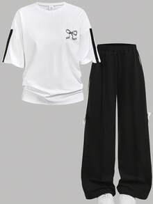 SHEIN Girlism 2件套少女休闲宽松针织圆领蝴蝶结印花褶皱套头卫衣和短裤套装，适合日常穿着、返校、度假、家庭户外活动、春季野餐 - 黑與白 - 查看 12