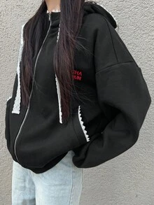 FRIFUL Women's Letter Print Lace Patchwork Black Hoodie Sweatshirt, Loose Fit Thick Thermal Lined Colorblock Jacket School - Black - View 6