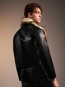 FeverCity 男士秋冬时尚休闲蓬松街头度假渐变色仿皮草拉链领背心夹克 - 黑色 - 查看 2