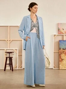 Chiquease 女士春秋波西米亚经典牛仔蓝色西装外套，袖口开衩，搭配阔腿西装裤，蓝色西装套装 - 藍色 - 查看 3