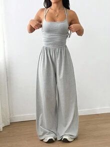 Flirla Tall 女式休闲百褶宽松直筒连体裤，春夏 - 淺灰色 - 查看 3