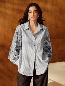 Anewsta New Spring/Summer Loose Casual Striped Patchwork Embroidered Shirt - Baby Blue - View 3