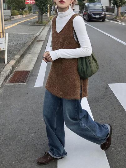 FRIFUL Women's Brown Solid Fuzzy Fabric Deep V-Neck Sleeveless Tank Top With Side Slit Hem, Loose Casual Versatile Layering Tank Top, Autumn