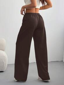 SHEIN EZwear Quần nỉ ống đứng lưng thấp có dây rút cỡ lớn - Màu nâu Sô-cô-la - Xem 2