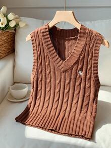 Comfortcana 女式休闲简约咖啡棕色马术图案针织毛衣背心，秋冬上衣 - 咖啡棕 - 查看 6