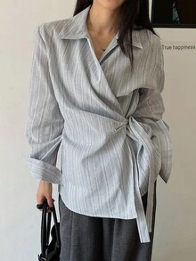 Livesso Women's Autumn Oblique Collar Tie-Up Striped Casual Shirt Long Sleeve Top
