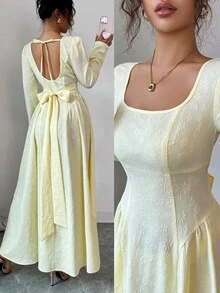 Elenzga Women's Elegant Pale Yellow Jacquard Fabric High-End Backless Bowknot Waist Patchwork A-Line Long Sleeve Midi Dress,Autumn Date Work Commute Cloth - Yellow - View 1