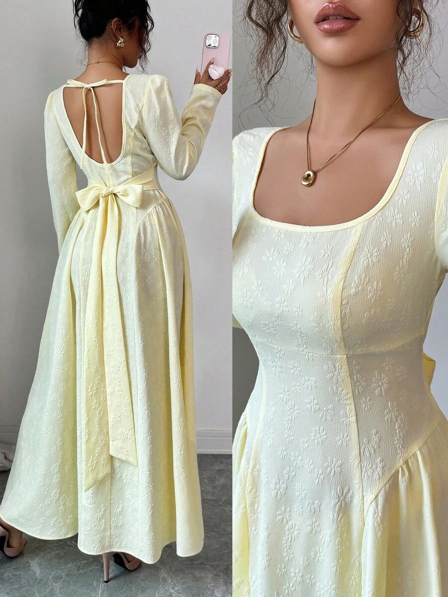 Elenzga Women's Elegant Pale Yellow Jacquard Fabric High-End Backless Bowknot Waist Patchwork A-Line Long Sleeve Midi Dress,Autumn Date Work Commute Cloth - Yellow - View 1