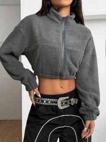 Coolane 女士秋冬街头服饰复古简约基本款日常必备摇粒绒法式灰色卫衣 - 灰色 - 查看 2