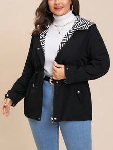 Comfylo Plus Size Hooded Drawstring Waist Casual Versatile Jacket Winter For Women Fall For Women Women's Winter Jacket Chic Women's Jacket Women's Winter Jacket Chic Women's Jacket Autumn Winter Zip Up Hoodie For Women Female Country Look Going Out Tops Going Out Winter - Black - View 4