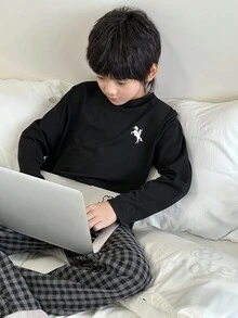 SHEIN 4 件套儿童/青少年男童简约图案印花圆领短袖纯色 T 恤和格子图案宽松休闲睡衣套装 - 彩色 - 查看 4