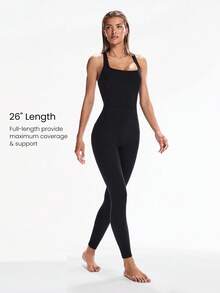 GLOWMODE 26" FeatherFit™ Strap It Good Tummy Control Crisscross Strap Open Back Movement Romper Bodysuit Light Support Low Impact - Black - View 3