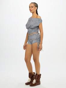 SUMWON WOMEN Off Shoulder Ruched Jersey Top With Button Details And Side Tie Closures For Casual Loungewear - Grey - View 4