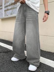 SHEIN 青少年男童口袋宽松阔腿休闲百搭牛仔裤 Y2K 灰色宽松牛仔裤 秋冬款