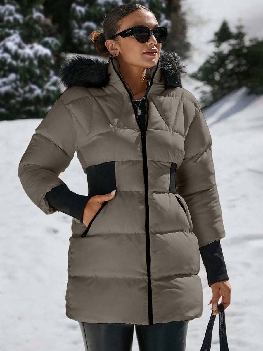 EURMUSE Padded Coat With Furry Hood And Adjustable Waist, Two Side Pockets, Thick And Fashionable Puffer Jacket, Quilting Details - Mocha Brown - View 1