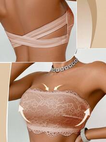 SHEIN 1pc Women Lace Wireless Bandeau Bra - Apricot - View 4