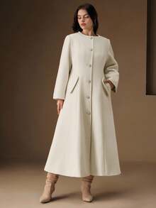 Anewsta Women's Elegant Vintage Christmas Date Night Round Neck Pearl Button Solid Color Waist Flared Long Wool Coat, Plus Size