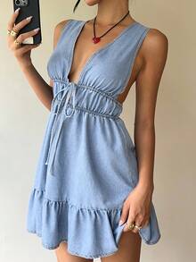 Aloruh 女式牛仔无袖迷你连衣裙，休闲修身，蓝色 - 中等水洗藍 - 查看 4