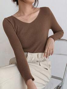 DAZY Women V-Neck Slim Fit Thin Long Sleeve Knit Sweater Fall/Winter