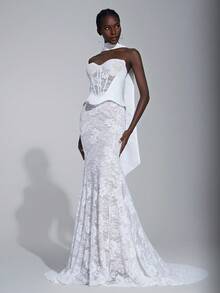 Elitara Elegant Luxurious Off-Shoulder Detachable Sheer Sleeve Satin & Lace Mermaid Maxi Dress With Trailing Train, Suitable For Weddings, Events, Parties, Honeymoon - Beige - View 6