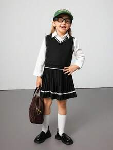 Elladie kids Vestă tricotată în stil universitar pentru fete tinere, cămașă albă cu mânecă lungă, costum din 3 piese, uniformă școlară pentru copii, haine pentru fete, seturi de fuste plisate negre și albe pentru copii, haine drăguțe pentru școală, uniformă școlară pentru fete, fustă școlară pentru fete, ținută alb-negru - Negru - Vizualizare 7