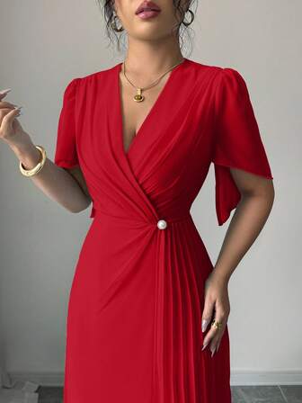 Rafferiza Solid Color Chiffon Fashionable Cinched Waist Elegant Pleated Dress