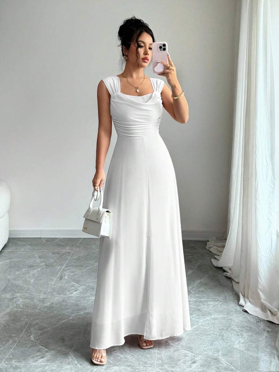 Rafferiza Sleeveless Waist Cinched Solid Color Split Dress - White - View 1