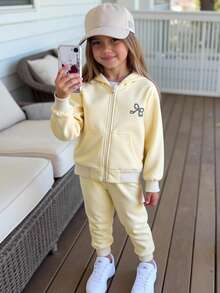 2pcs/Set Toddler Girls' Fashion Cream Bow Embroidery Hooded Jacket + Elastic Waist Fitted Ankle Pants, Casual Sports Outfit, Spring/Autumn Toddler Track Suit Kids Outfit Set Boy Clothes Set Kids Zip Up Hoodie Set Toddler Tracksuit Set Fall Winter - Apricot - View 3