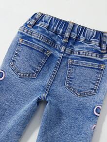 Baby Girls' Flare Jeans, Autumn/Winter New Arrival, Blue Denim, Outdoor & Casual Wear, Soft Cotton, High Elasticity, Embroidered Bowknot, Versatile Fashion Item, Elastic Waistband, Fitted Silhouette, Suitable For Home, Outings, Vacations, Photoshoots, Wardrobe Essential, Gatherings, Daily Wear (Top Not Included) Fall - Medium Wash - View 8