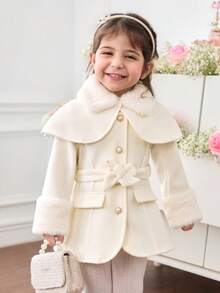 SHEIN 女婴休闲可爱拼布人造毛皮腰带斗篷大衣，节日装 - 白色 - 查看 4