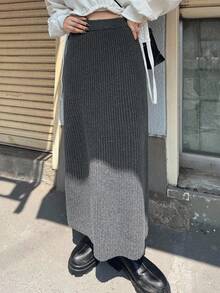 FRIFUL 女士纯色深灰色罗纹针织弹力腰直筒半身裙，显瘦，适合度假、秋季和冬季穿着。