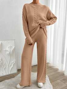 EURMUSE Women's Autumn Cable Pattern Raglan Sleeve Sweater And Knit Pants Casual 2 Pieces Set - Camel - View 6