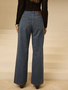 SHEIN Aralina-F 女式纽扣前口袋直筒宽松休闲牛仔裤 - 中等水洗藍 - 查看 3