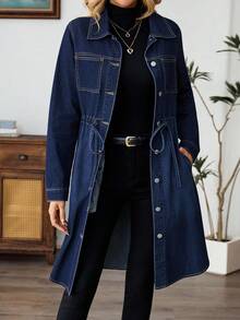 EMERY ROSE Women's Casual Drawstring Waist Denim Coat Fall Winter - Dark Wash - View 4