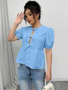 SHEIN Unity 女式夏季泡泡袖蝴蝶结衬衫 - 藍色 - 查看 4