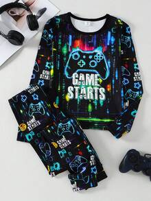 2 件套 Gamer Boy 霓虹灯印花圆领长袖上衣和裤子柔软弹力针织家居服套装 - 彩色 - 查看 6
