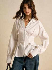 Poéselle Women's Shirts, Tie Back Waist, Button Closure, Fitted Waist Shirts, White Shirts, Long Sleeve Shirts, Women's Blouse, Casual Women's Solid Color Long Sleeve Single-Breasted Waist Casual Shirt Fall Clothes For Women Autumn Outfits For Women Winter Clothes For Women  Women's Winter Clothes - White - View 7