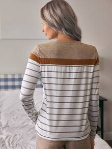 Louniche Women's Round Neck Striped Long Sleeve T-Shirt, Casual And Fashionable For Daily Wear - Khaki - View 2