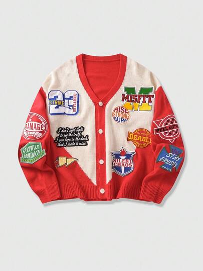 Prep Men's Embroidered Cardigan, Retro Street Style, Fall Winter