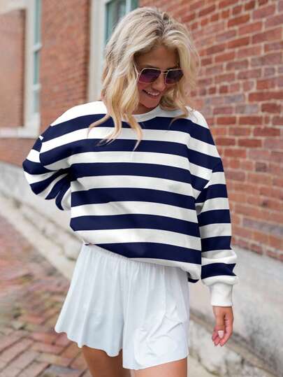 ReShift Blue & White Striped Print Crew Neck Long Sleeve Plus Size Sweatshirt Winter Fall Autumn