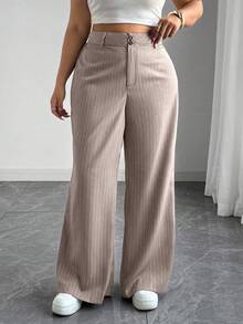 SHEIN Tall Quần ống rộng cạp cao in họa tiết sọc thường ngày cỡ lớn thoải mái cho nữ - Màu be - Xem 6