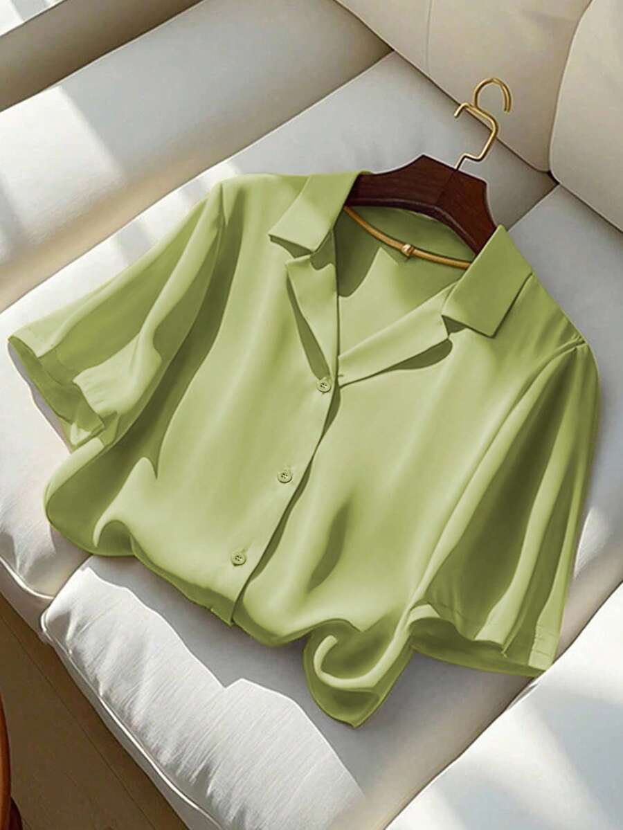 Franclia Casual Versatile Solid Color Turn-Down Collar Short Sleeve Women Blouse, Summer Clothes For University - Army Green - View 1