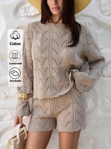 EURMUSE Women Beachwear Hollow Out For Summer Beige 2 Pieces Short And Sweater - Cream - View 1