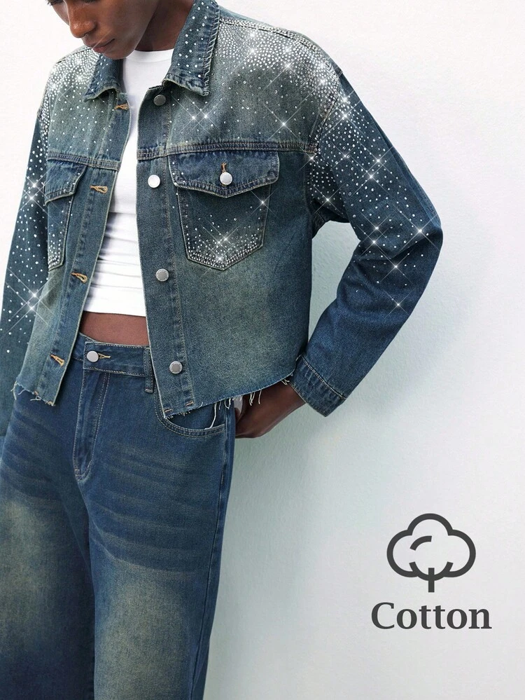 SHEIN Maija Women's Vintage Blue Denim Jacket With Retro Disco Style And Sparkling Diamonds. Casual Denim Long-Sleeved Jacket For Autumn. Long-Sleeved Denim Shirt Autumn Coat