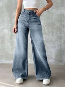 EURMUSE Jeans de cintura alta y pierna ancha para mujer 100% algodón con bolsillos en diagonal - Celeste - Ver 3