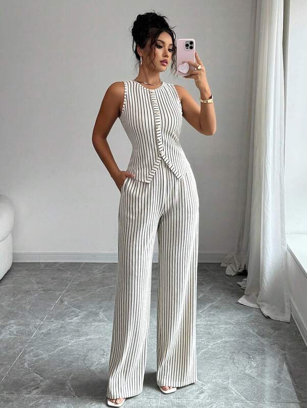 Selianne Elenzga Women's Fashionable Solid Color Textured 2-Piece Set, Including Sleeveless Crew Neck Button Fitted Tank Top And High Waist Loose Straight Leg Pants, Elegant Commuter Style