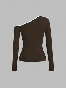 Pariaura 女士时尚双色不对称肩部修身长袖T恤，秋季春季 - 咖啡棕 - 查看 2